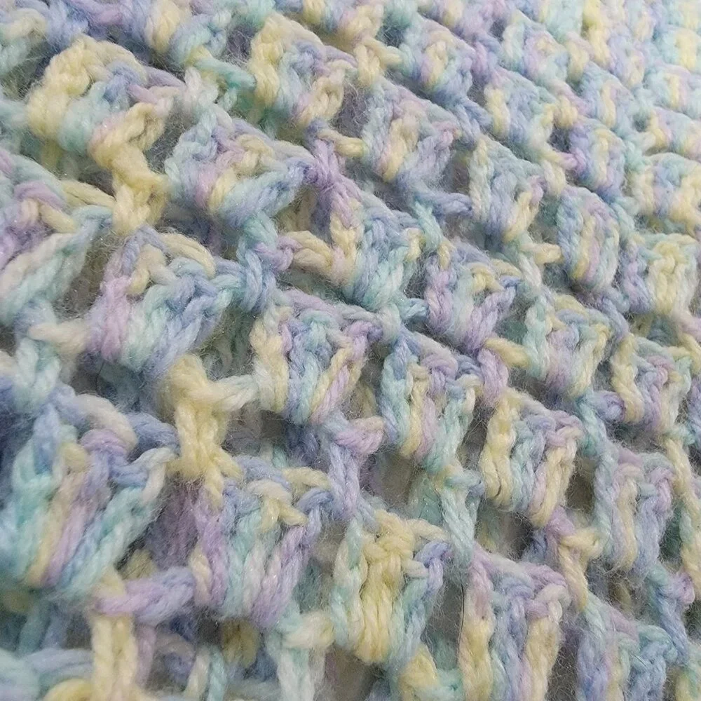 Vintage Baby Blanket Knit Pastel Plaid Open Weave Cotton Crib Blanket Nursery‎